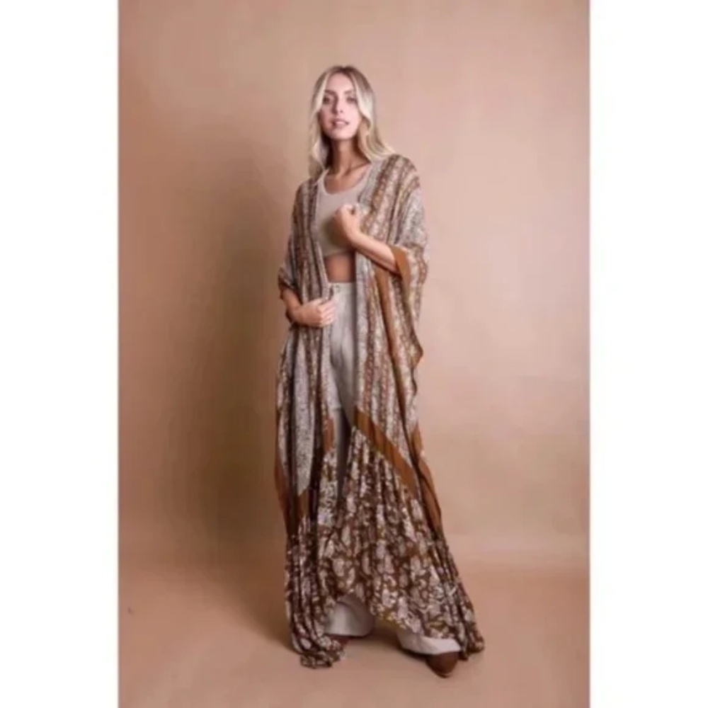 SOLD OUT Brown Paisley Tapestry Free Flow Kimono Open Duster Coverup Wrap Top - Picture 3 of 4